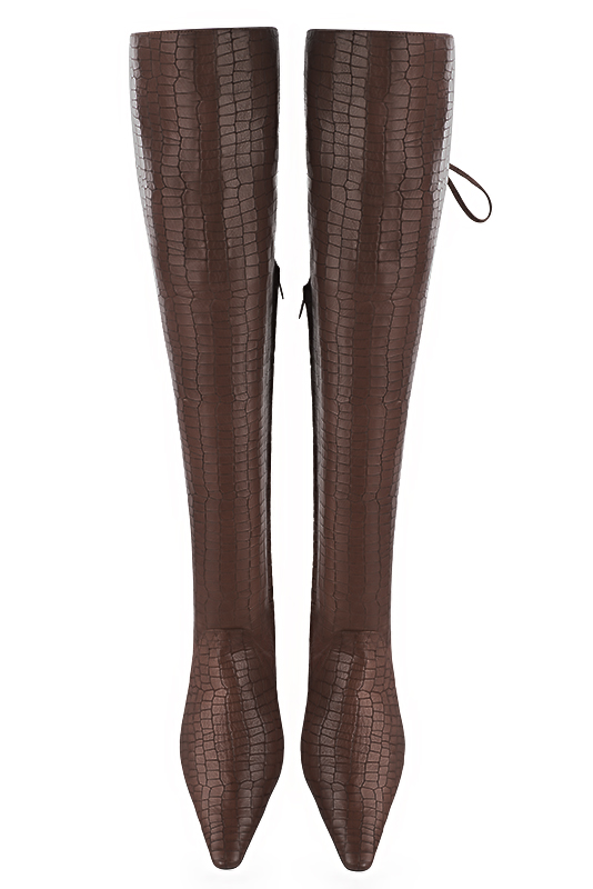 Dark brown women's leather thigh-high boots. Tapered toe. Low block heels. Made to measure. Top view - Florence KOOIJMAN